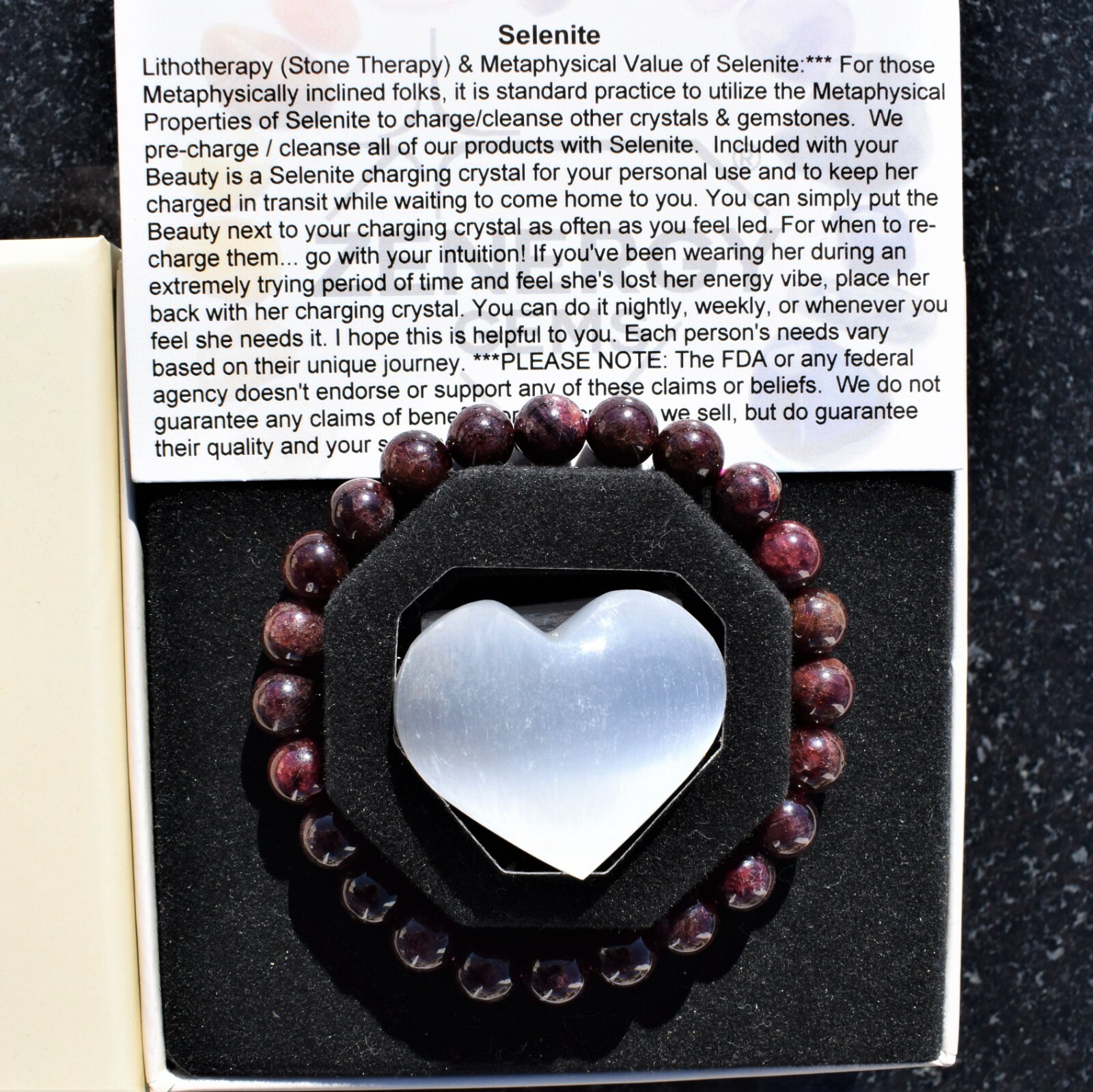 Premium CHARGED Rhodolite Garnet Crystal 7-8mm Bead Bracelet + Selenite Heart