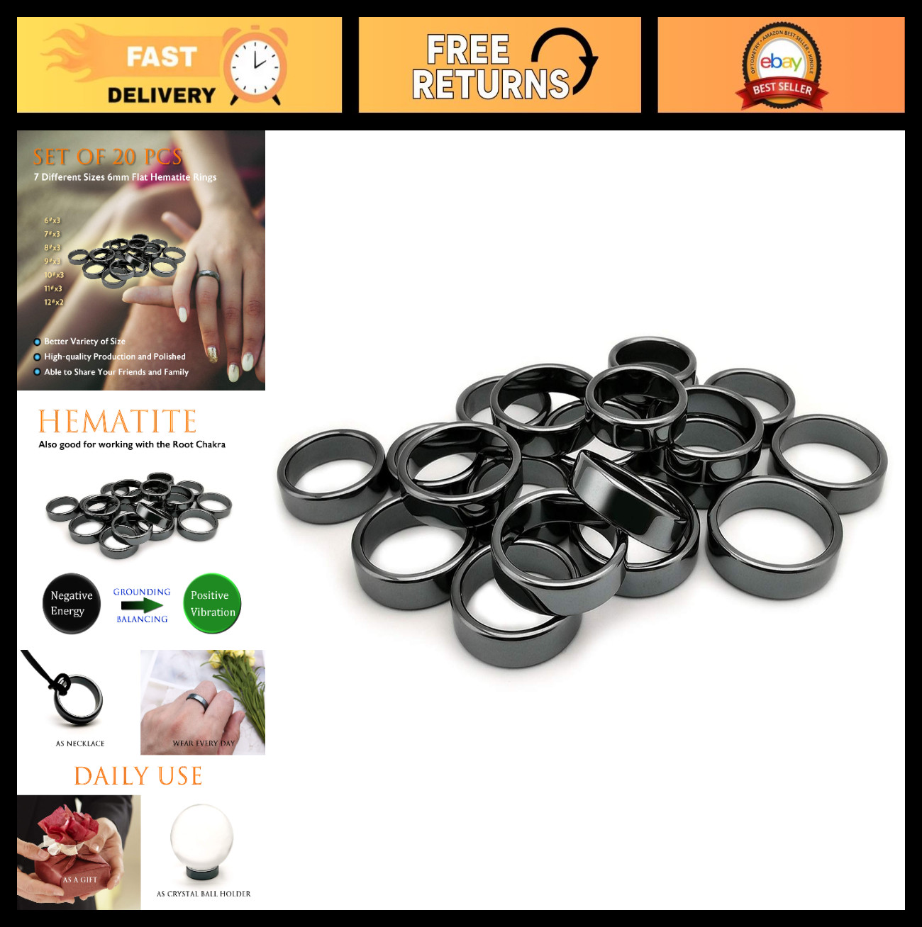 Hematite Stone Ring Set – Mixed Sizes Unisex, Ideal for Chakra Healing, Daily We