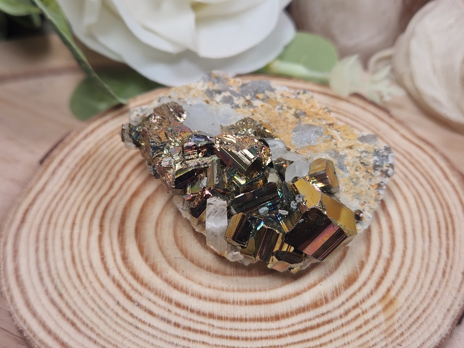 Iridescent Pyrite on Quartz 68g Indonesia Rainbow Metallic Crystal Cluster M