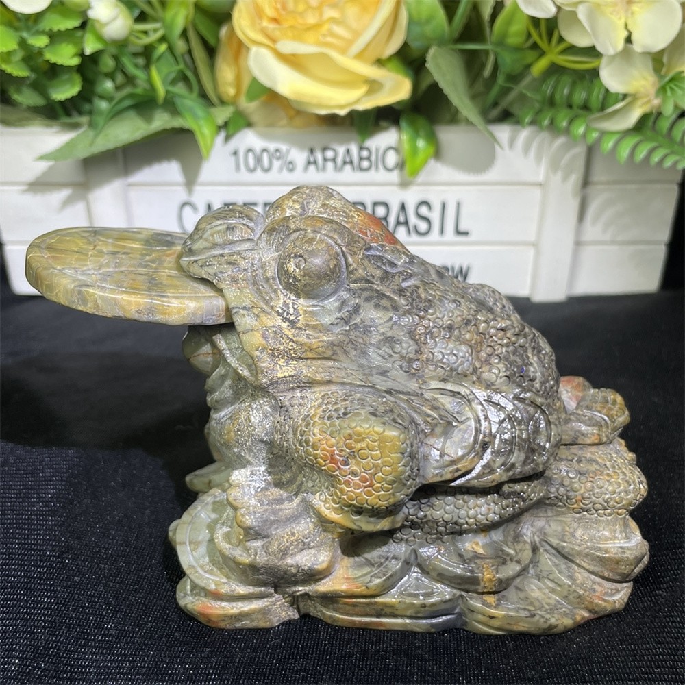 2.4LB 4.7″ Natural Creek Jasper Golden Toad Crystal Quartz Mineral Statue
