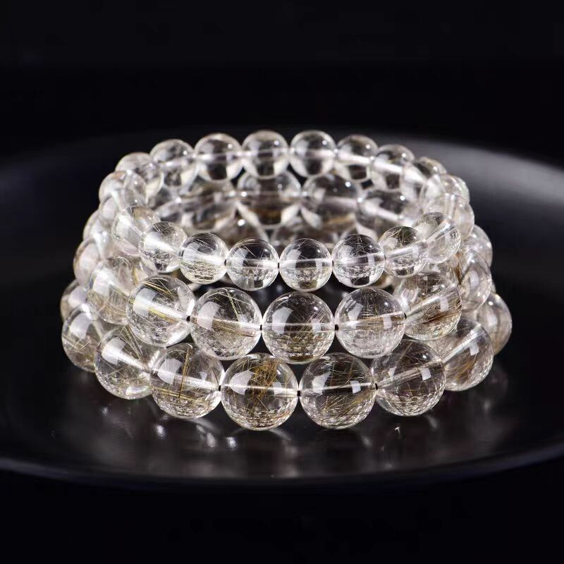 Natural Silver Rutilated Quartz Crystal Round Beads Bracelet 13mm AAA