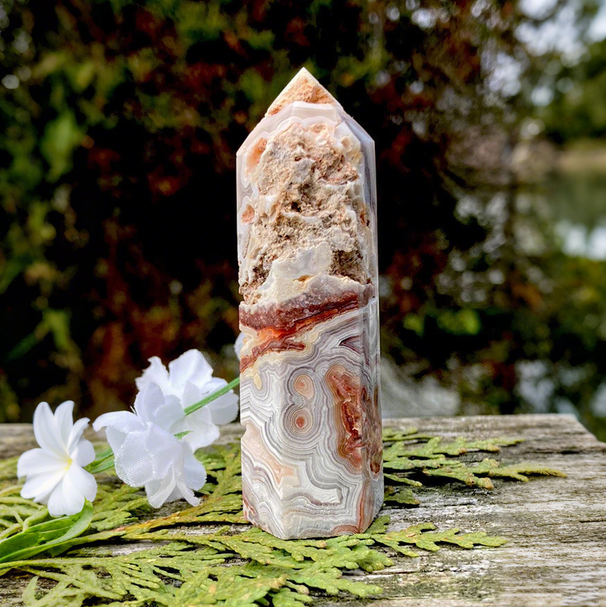 Crazy Lace Agate Crystal Point Tower Natural Stone Home Office Desk Decor Gift