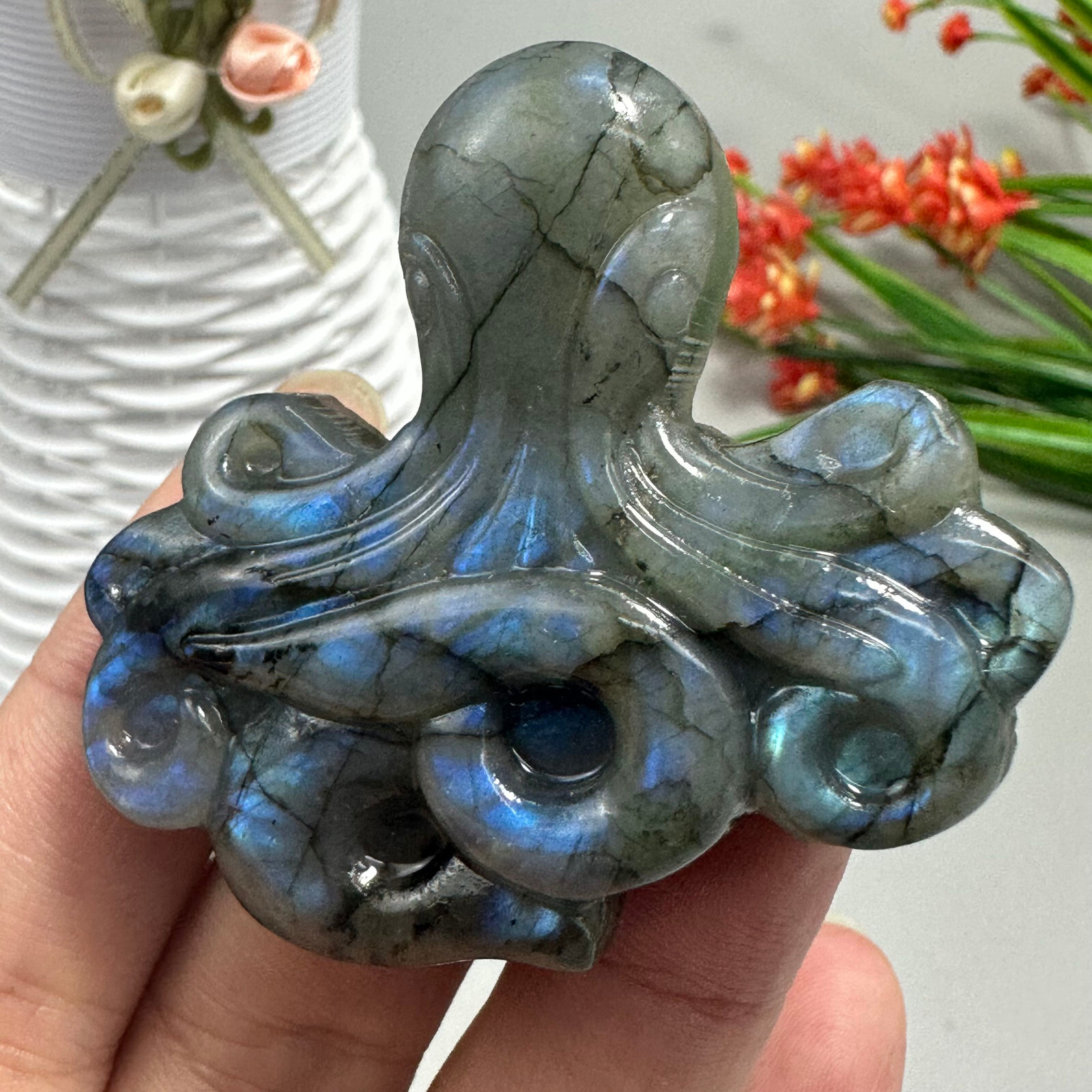 Natural Labradorite Carved OCTOPUS Quartz Skull Crystal Specimen Reiki Healing