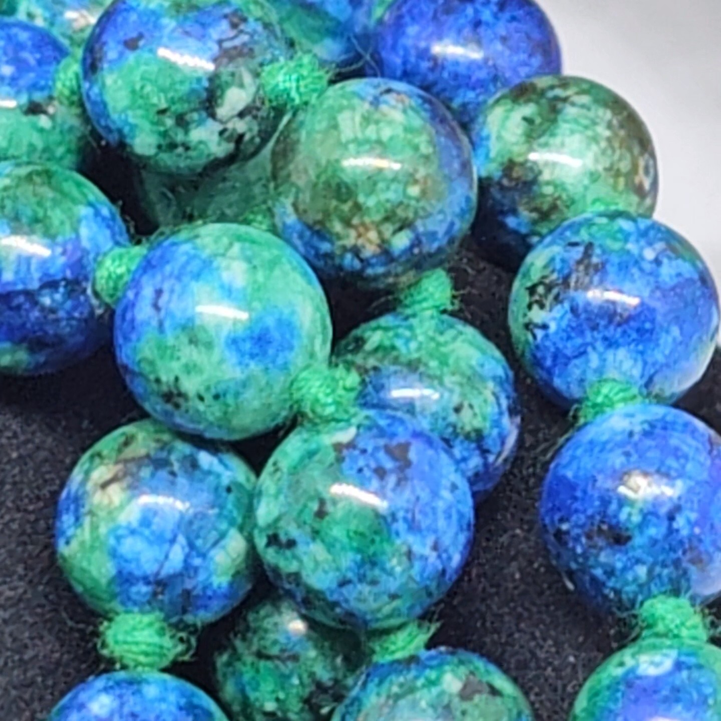 Chrysocolla Bead Necklace 43 Inch Knotted 8mm Gemstone Strand Tassel & Bag