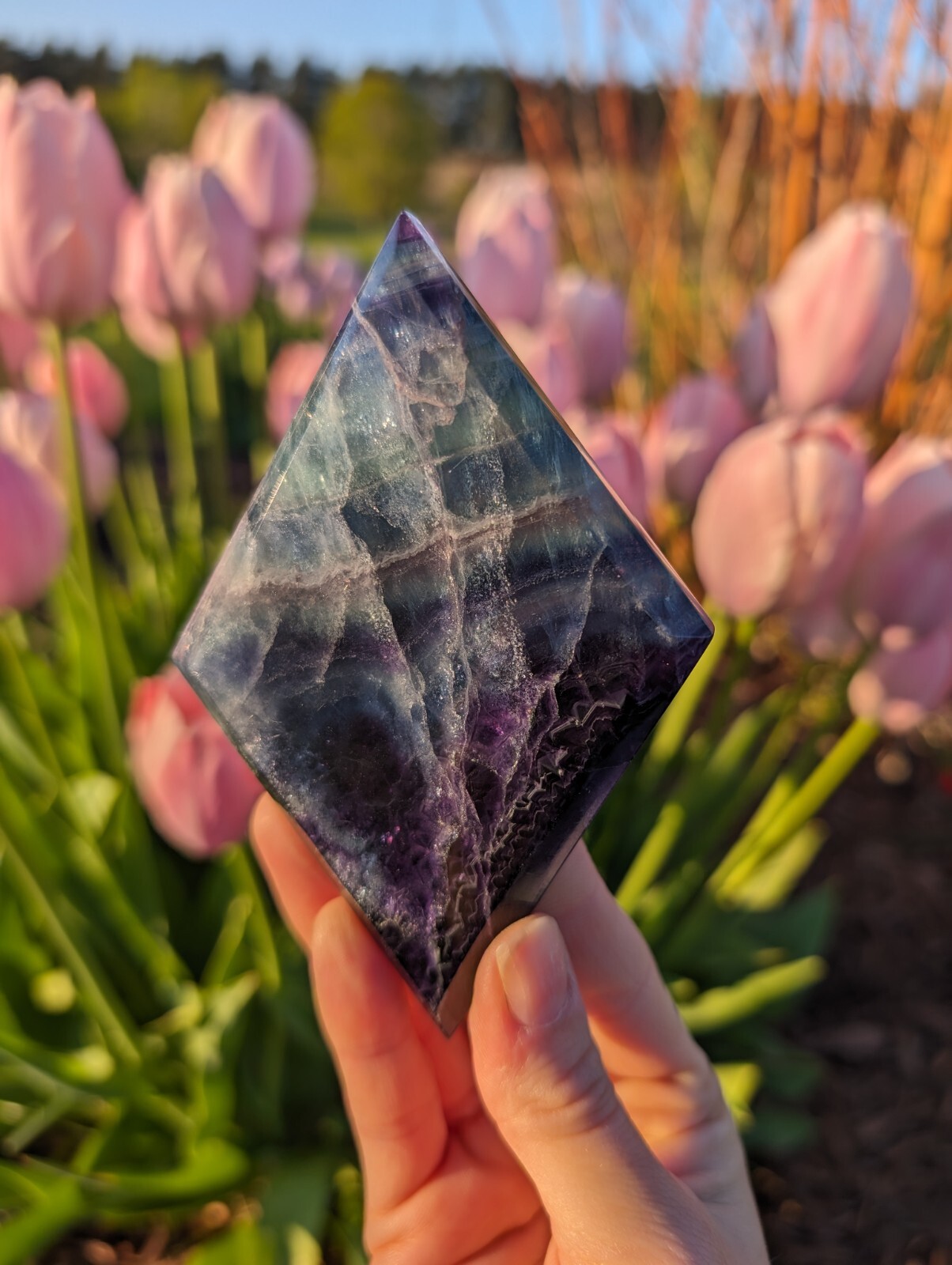 Rainbow Fluorite Carving Diamond Rhombus Crystal Gemstone Nice Mineral Reiki