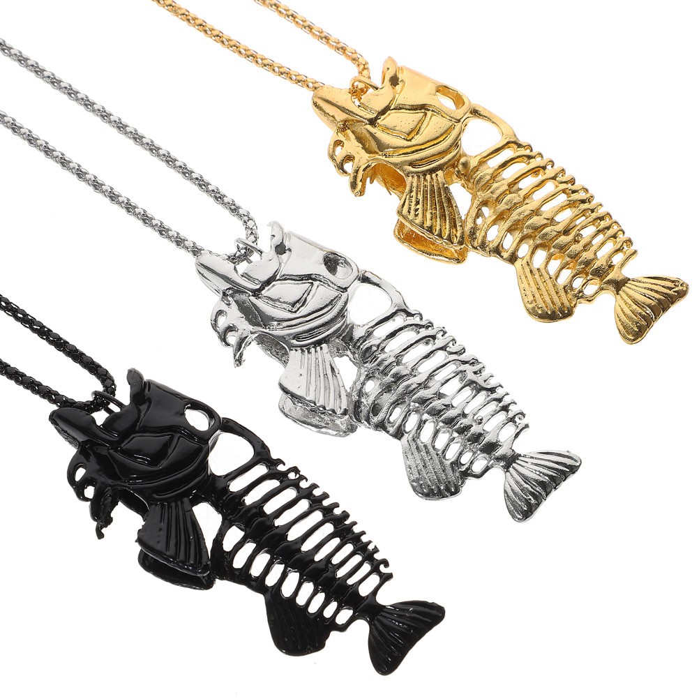 3Pcs Durable Fish Bone Necklace Fishing Hook Surfer Chain Alloy Stainless Steel