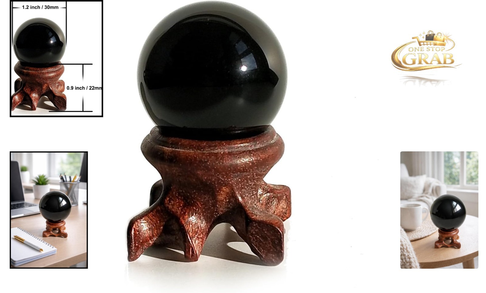 Obsidian Sphere for Meditation and Feng Shui with Wooden Stand 30mm Black Cry…