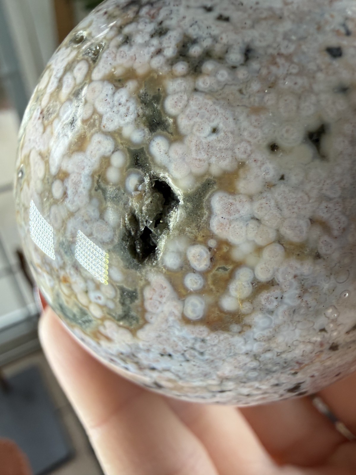 8th Vein Ocean Jasper Sphere – Druzy – Pink, White, Blue & Green Orbs – 9.91 oz