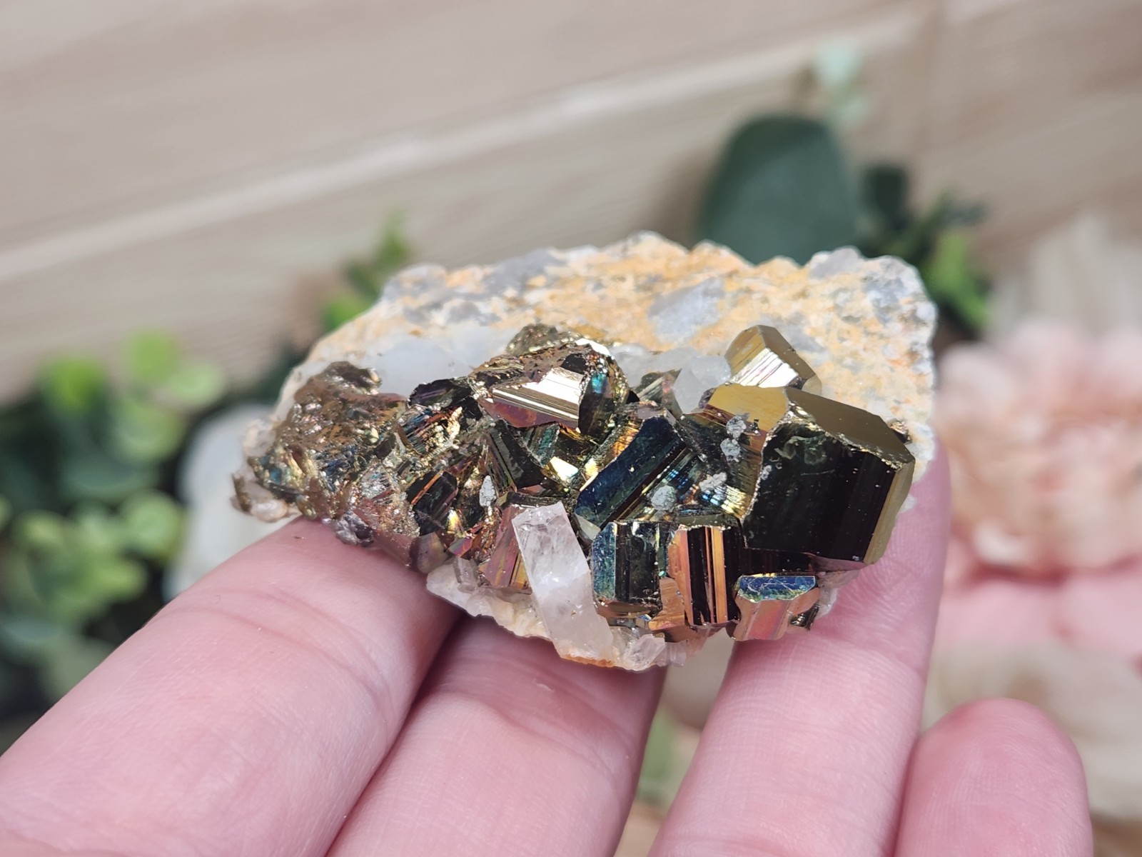 Iridescent Pyrite on Quartz 68g Indonesia Rainbow Metallic Crystal Cluster M