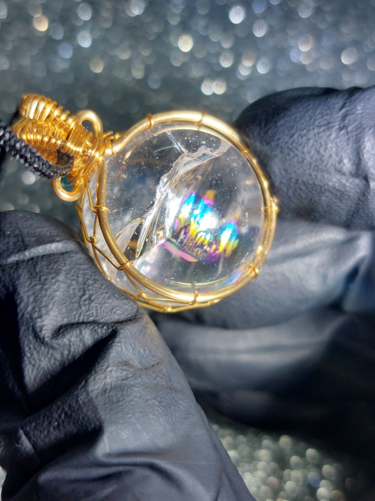 Clear Quartz Sphere Necklace 21mm Gold Wire Wrap – Rainbow High Quality