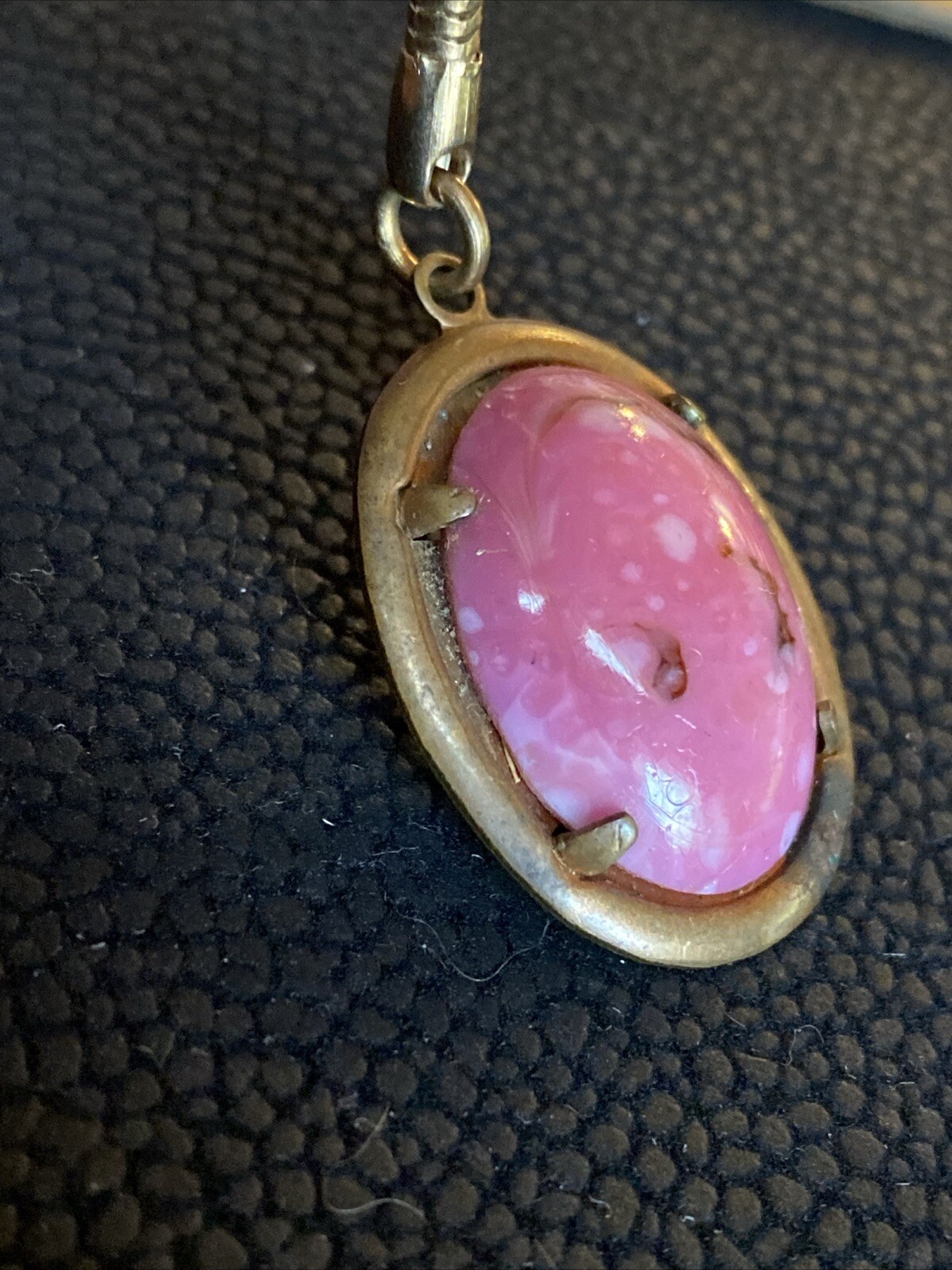 Vintage Pink RHODONITE Heart Gemstone Polished Cabochon Keychain Fob Oval Brass