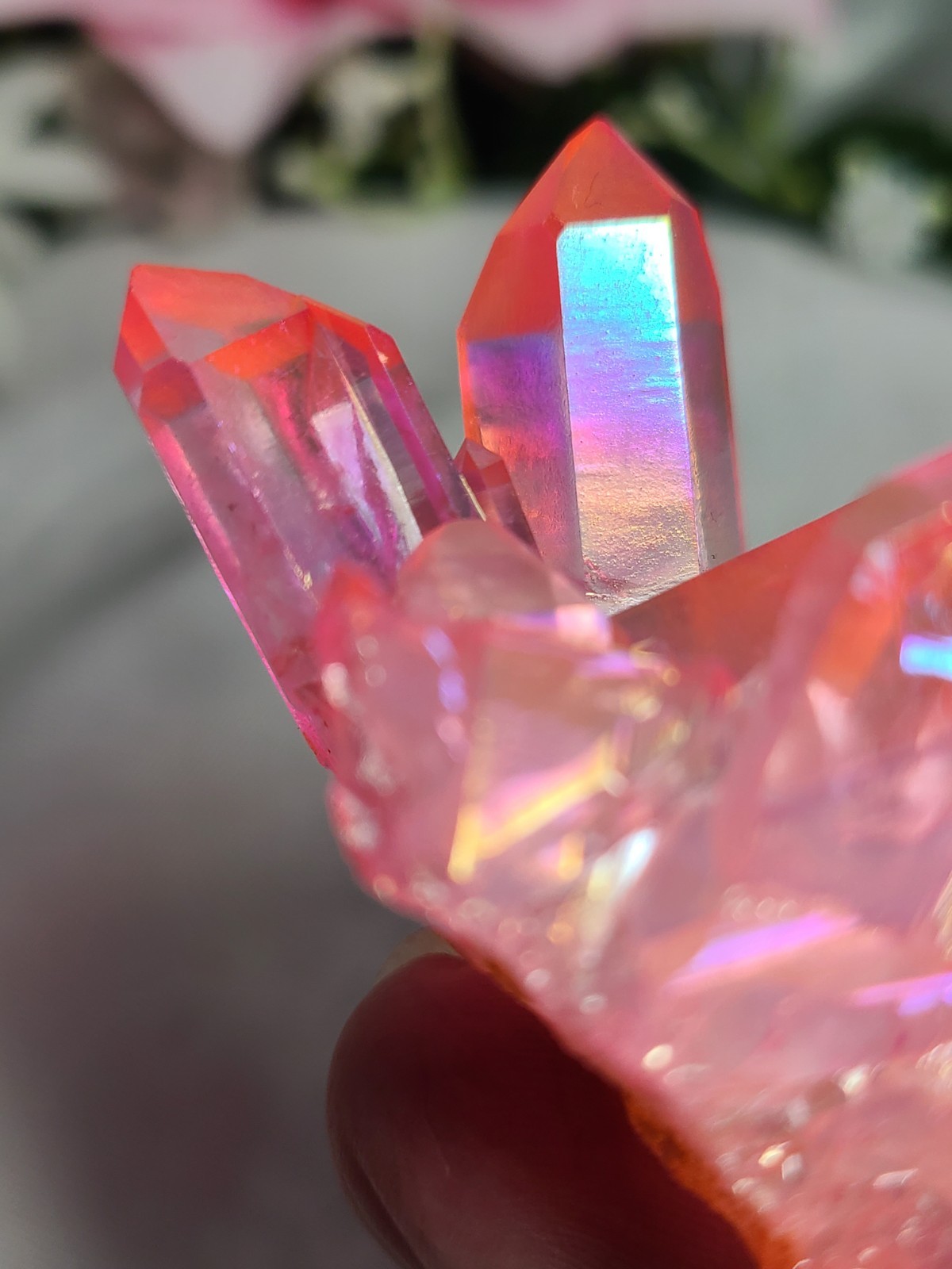 2.6″ 65g Beautiful Brazilian Pink Rainbow Aura Quartz Crystal Cluster Point