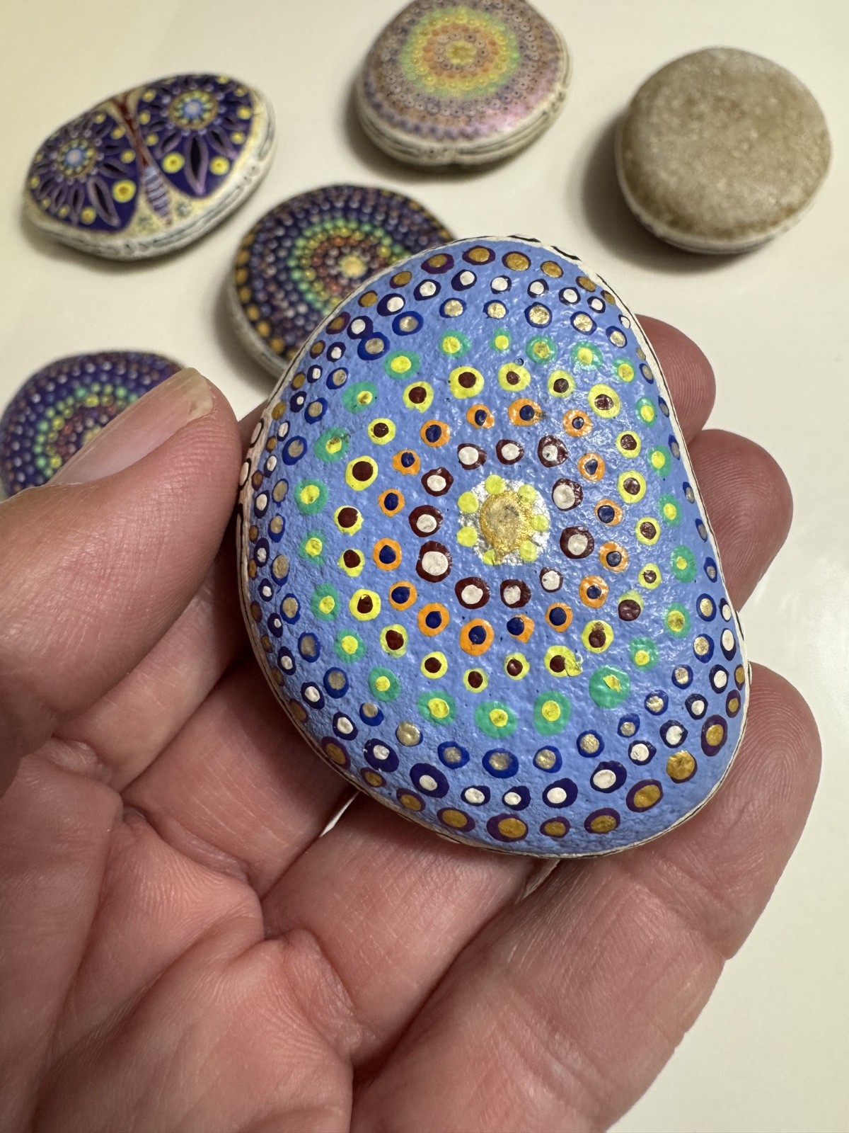 7 Mandala Stones Dot Artwork Rocks Meditation Butterfly Multicolor Hand Painted