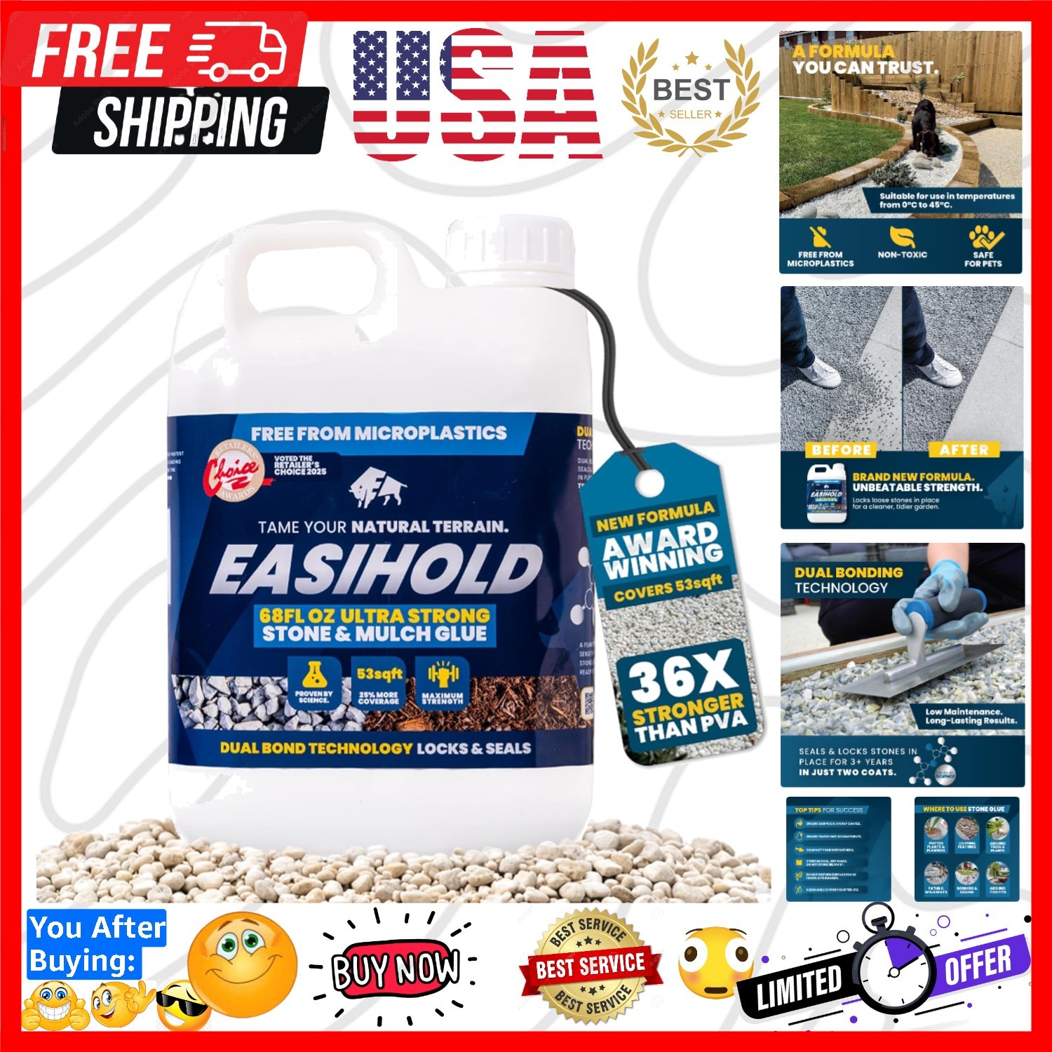 Easihold Rock Glue – Gravel Binder for Pea Gravel & Stones. Long-Lasting Mulc…