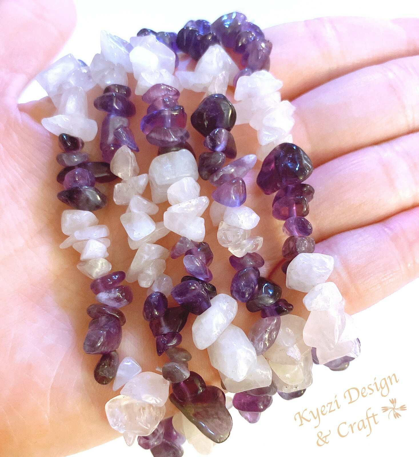 Amethyst and Rose Quartz Natural Crystal Gemstone Chip Stretchy Jewelry Bracelet