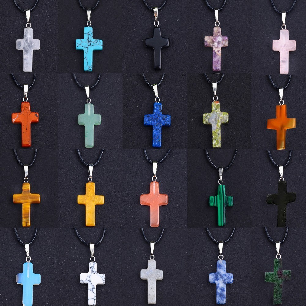 Fashion Crystal Cross Pendant Necklace Mixed Charms on Leather Rope Jewelry