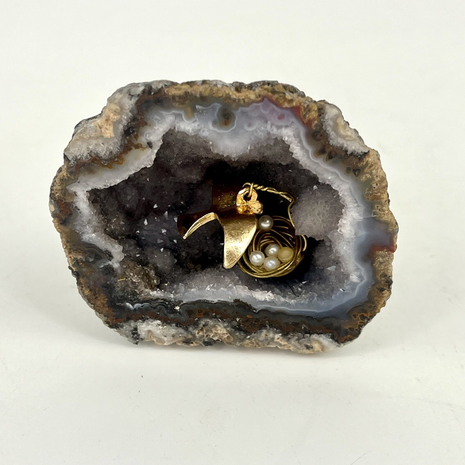 OOAK Genuine Natural Geode Crystal w/ Brass Mini Bird & Nest Figurine Unique Art