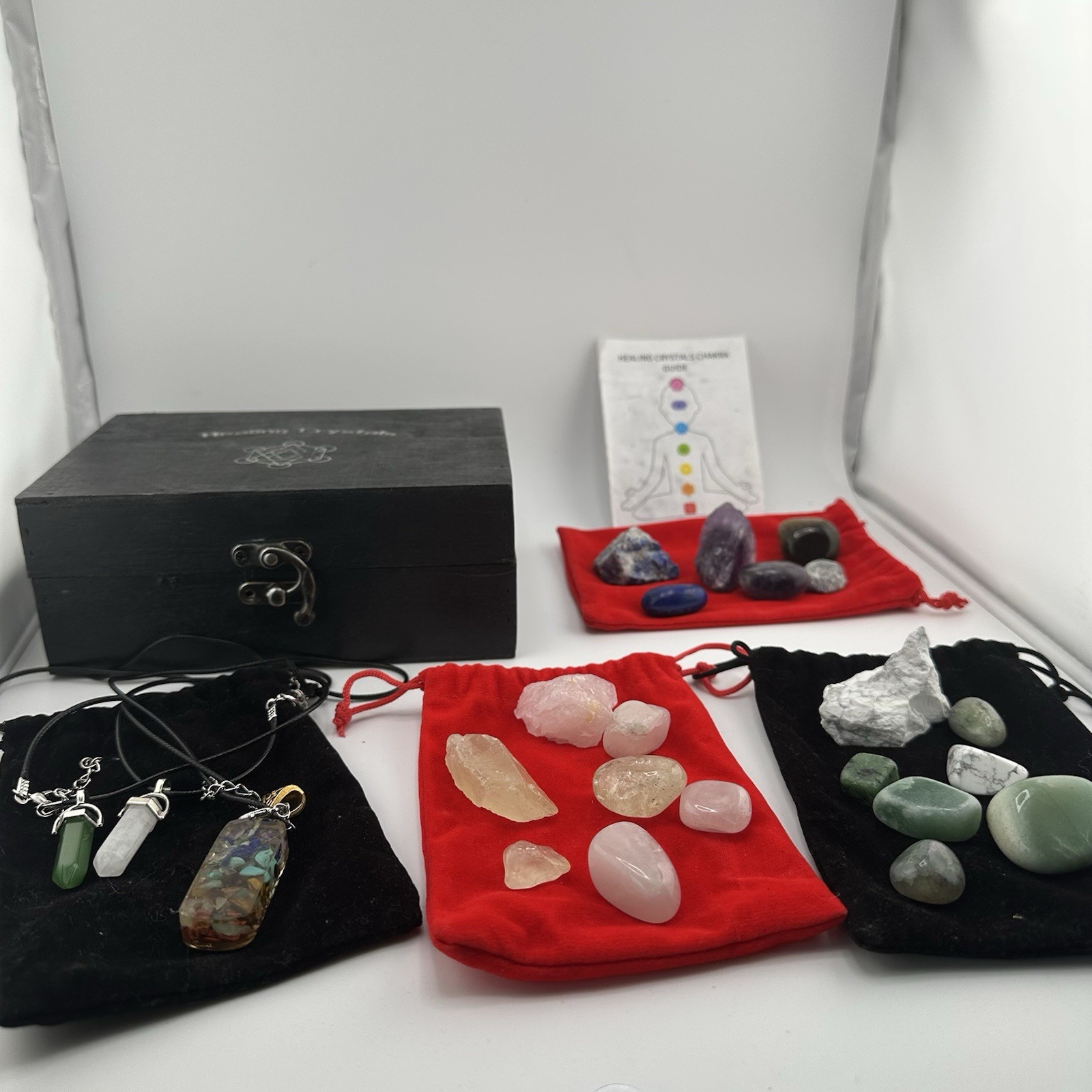 23pc Healing Crystals Chakra Stone Set Gift Box Pendants Rose Quartz