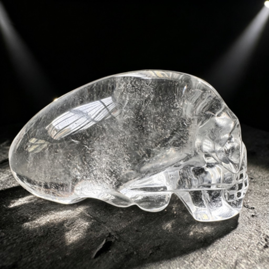 Hand Carved Natural Clear Quartz Alien Skull Figurine Polished Crystal Desk Deco