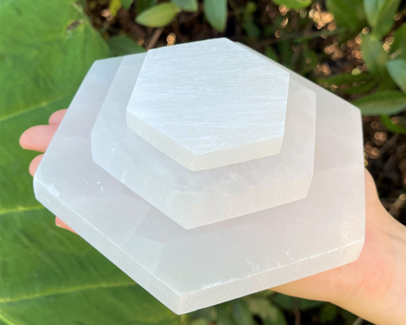 Polished Selenite Charging Station, Hexagon: Choose 3″, 4″ or 6″ (Cleansing)