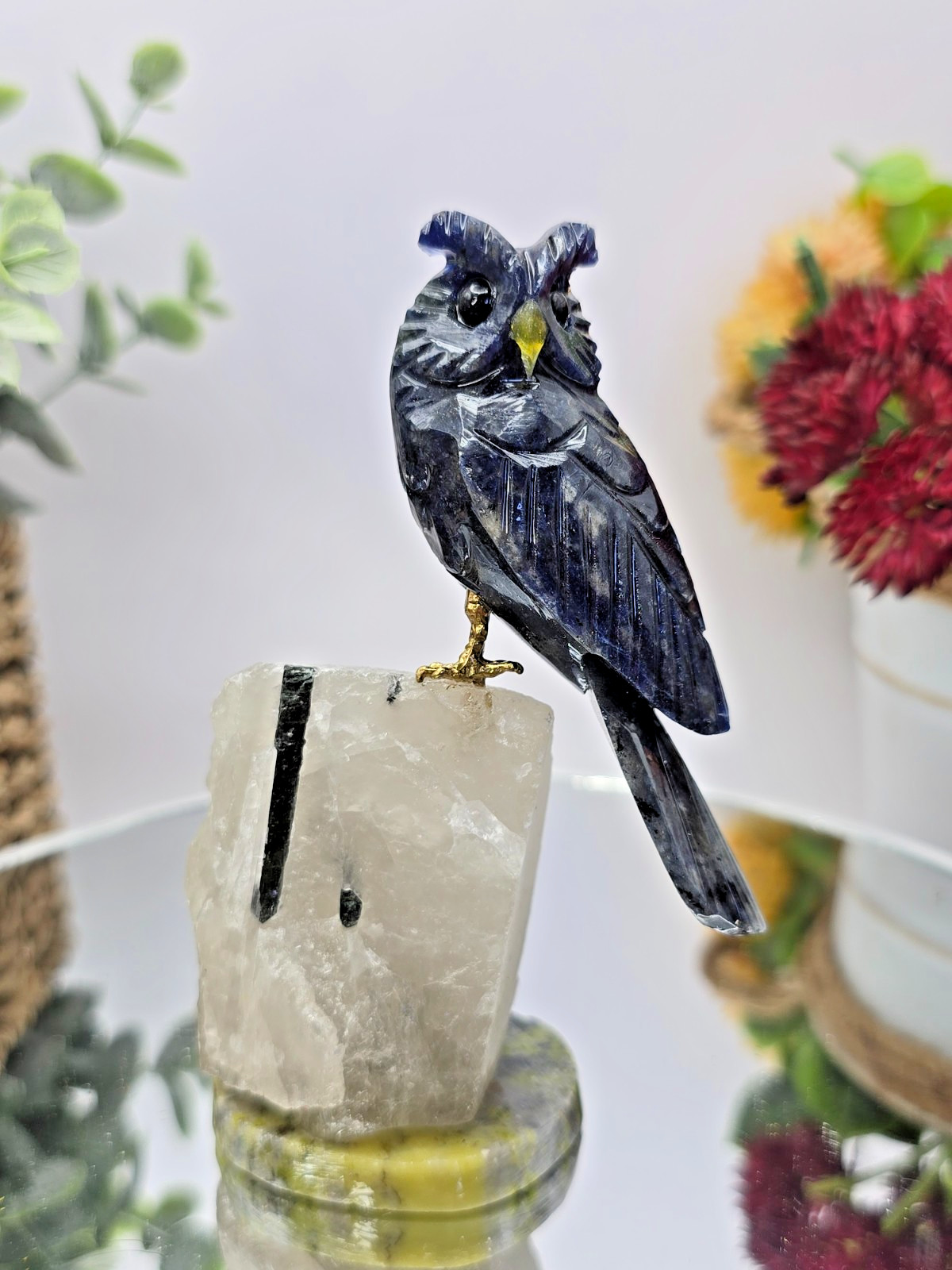 Dark Blue Hand Carved Owl on Crystal Base 4″ Natural Stone Bird