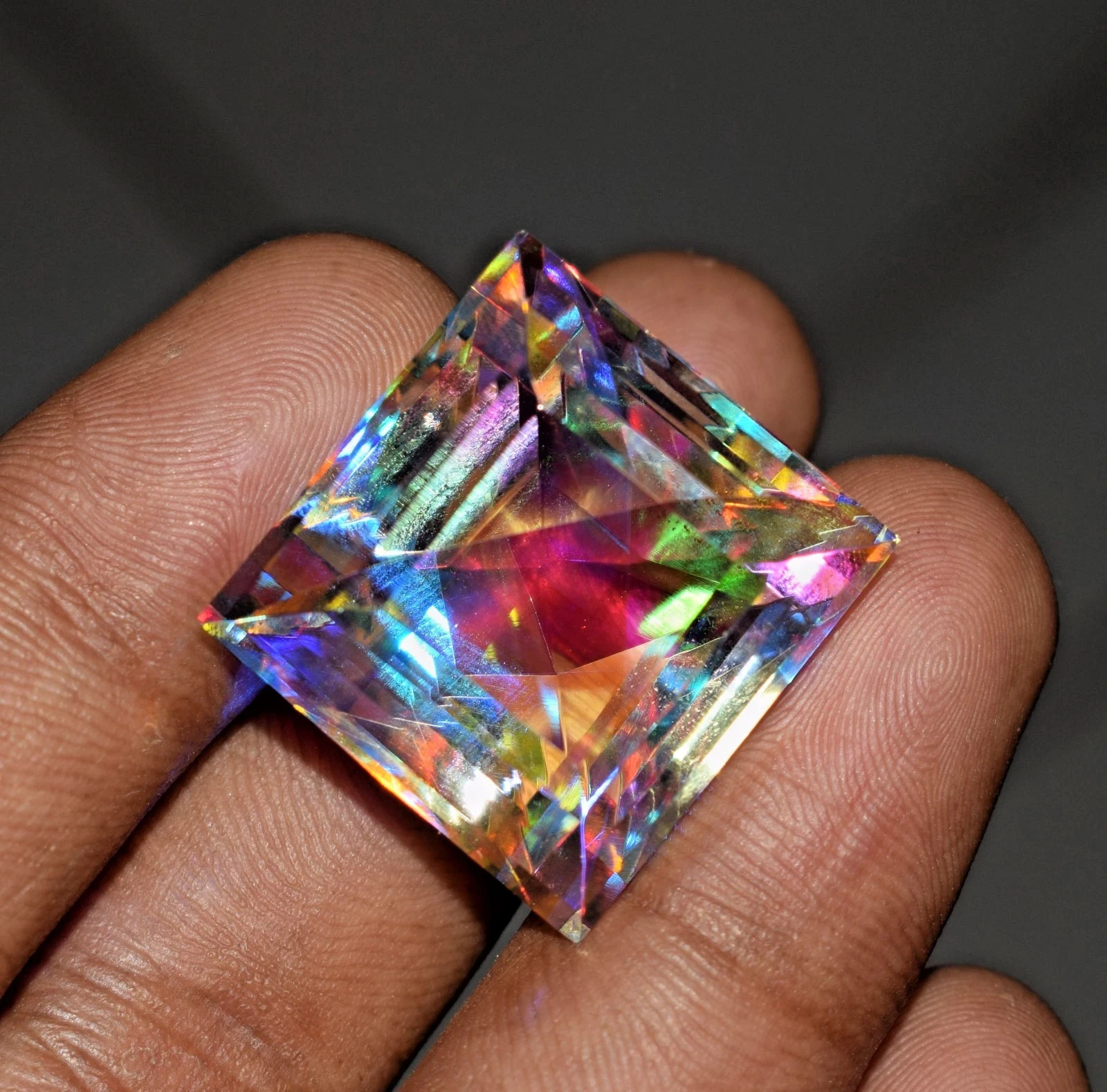 61+ Ct Mystic Topaz Certified Square Cut Colorful Rainbow Gemstone