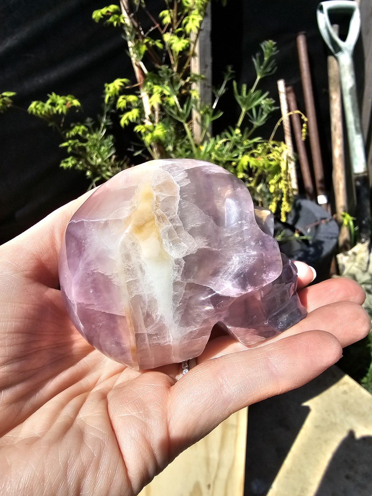 Rainbow Fluorite Skull Crystal Carving 380g Purple 5.6 x6.4 x4.7cm