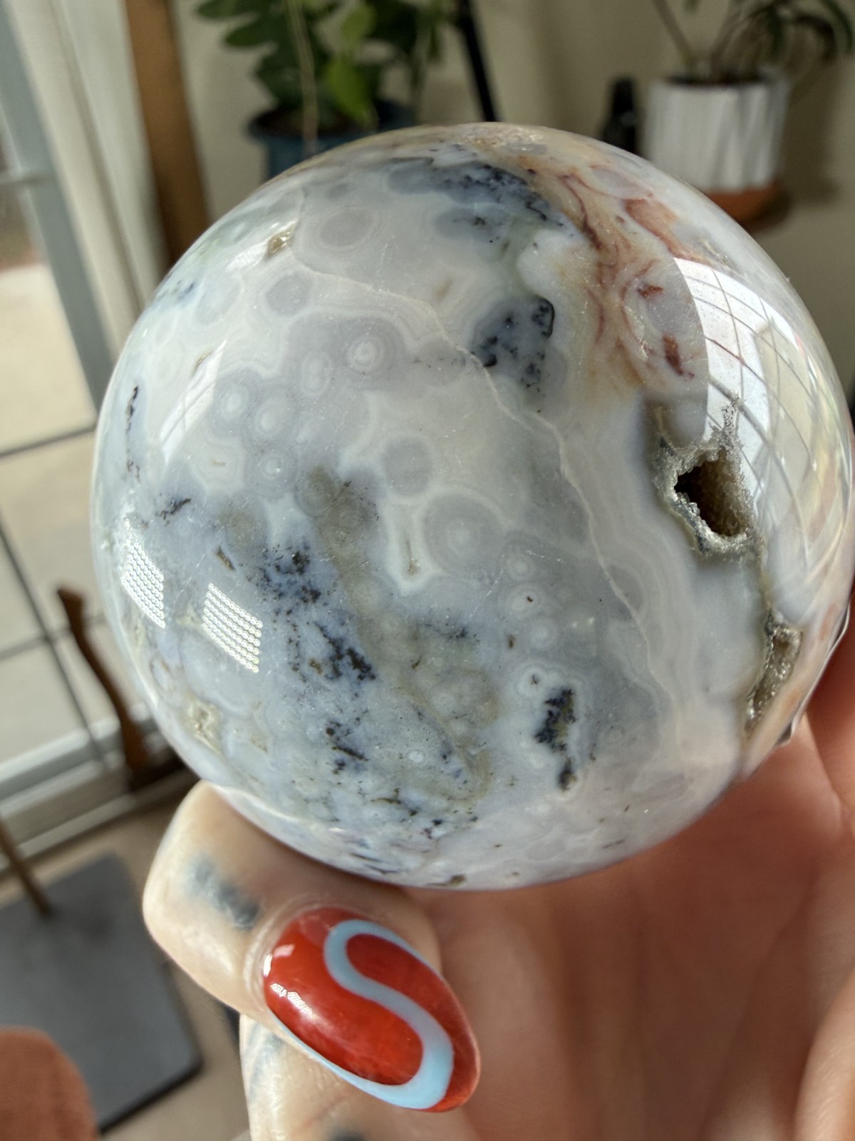 8th Vein Ocean Jasper Sphere – Blue, White, Brown & Green Orbs – 11.43 oz