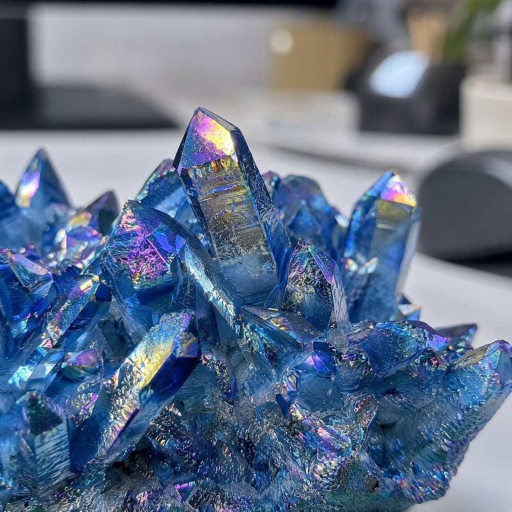 1pc Titanium Aura Bright Blue & Purple Quartz Multicolor Cluster Healing Decor