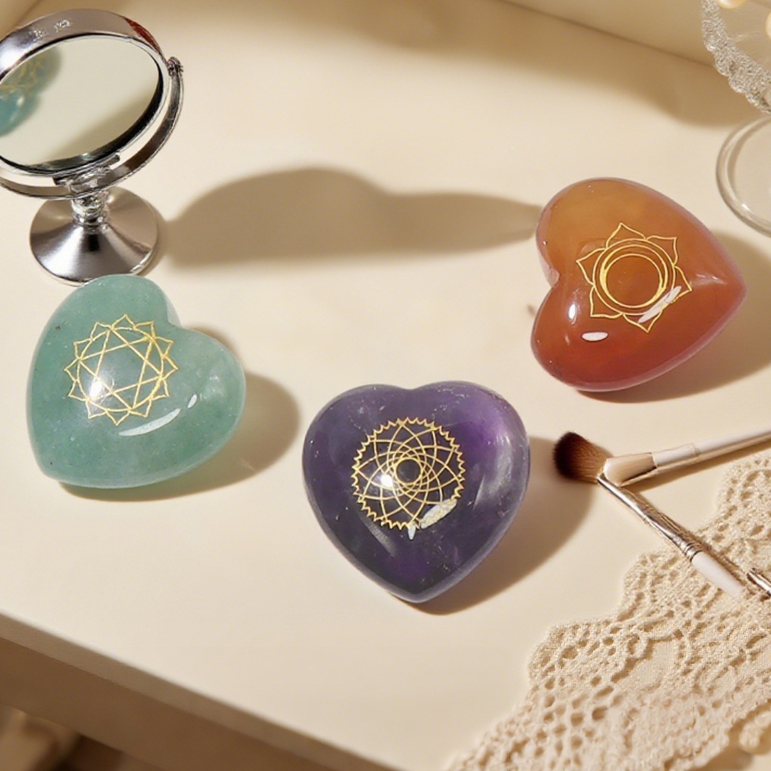 25mm Natural Healing Stones Heart 7 Chakra Crystal Set With Chakra Symbols 1set