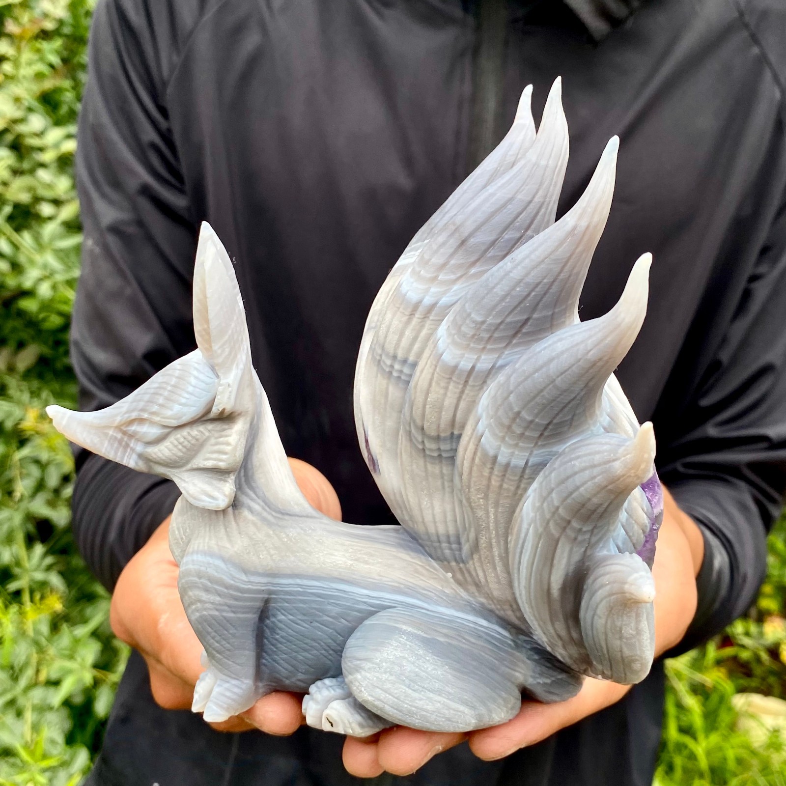 2.2LB Natural Amethyst Geode Hand Carved Nine-tailed Fox Quartz Crystal Decor