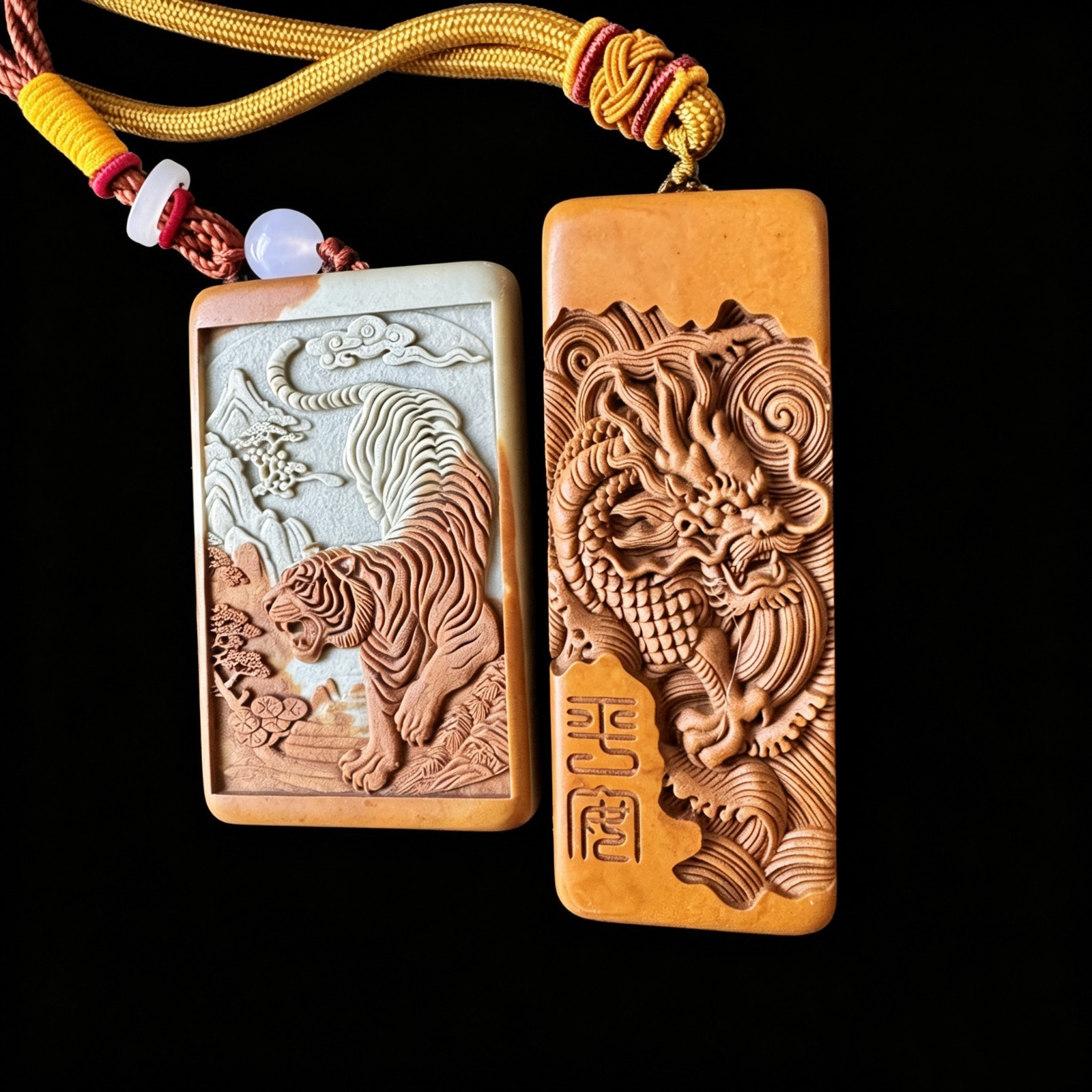Natural Songhua Stone Double Sided Dragon Tiger Pendant Fine Carved Worry Stone