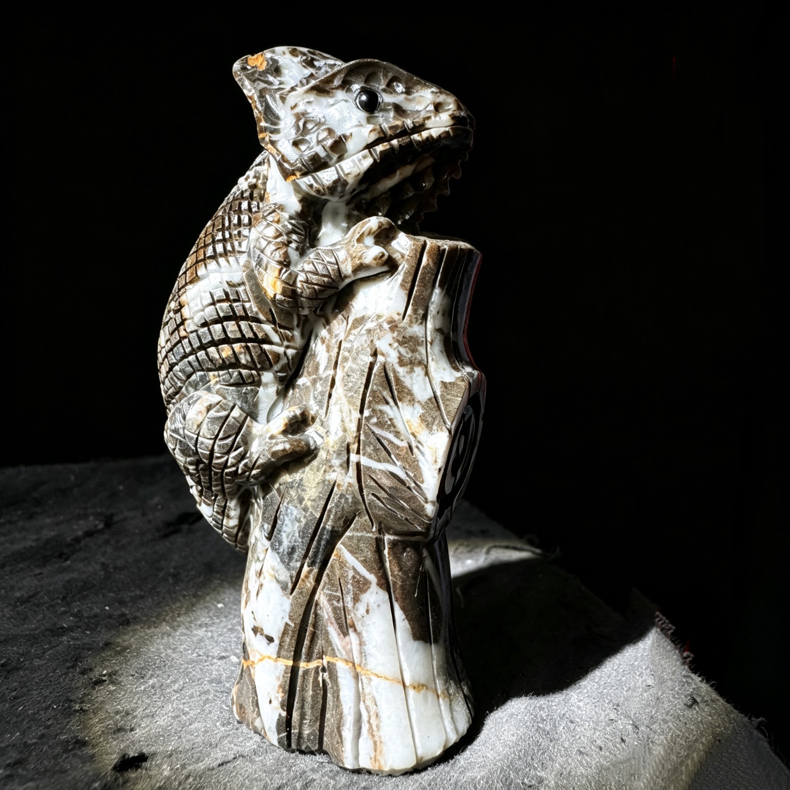Hand Carved Natural Chocolate Stone Chameleon Figurine, Collectible Desk Decor