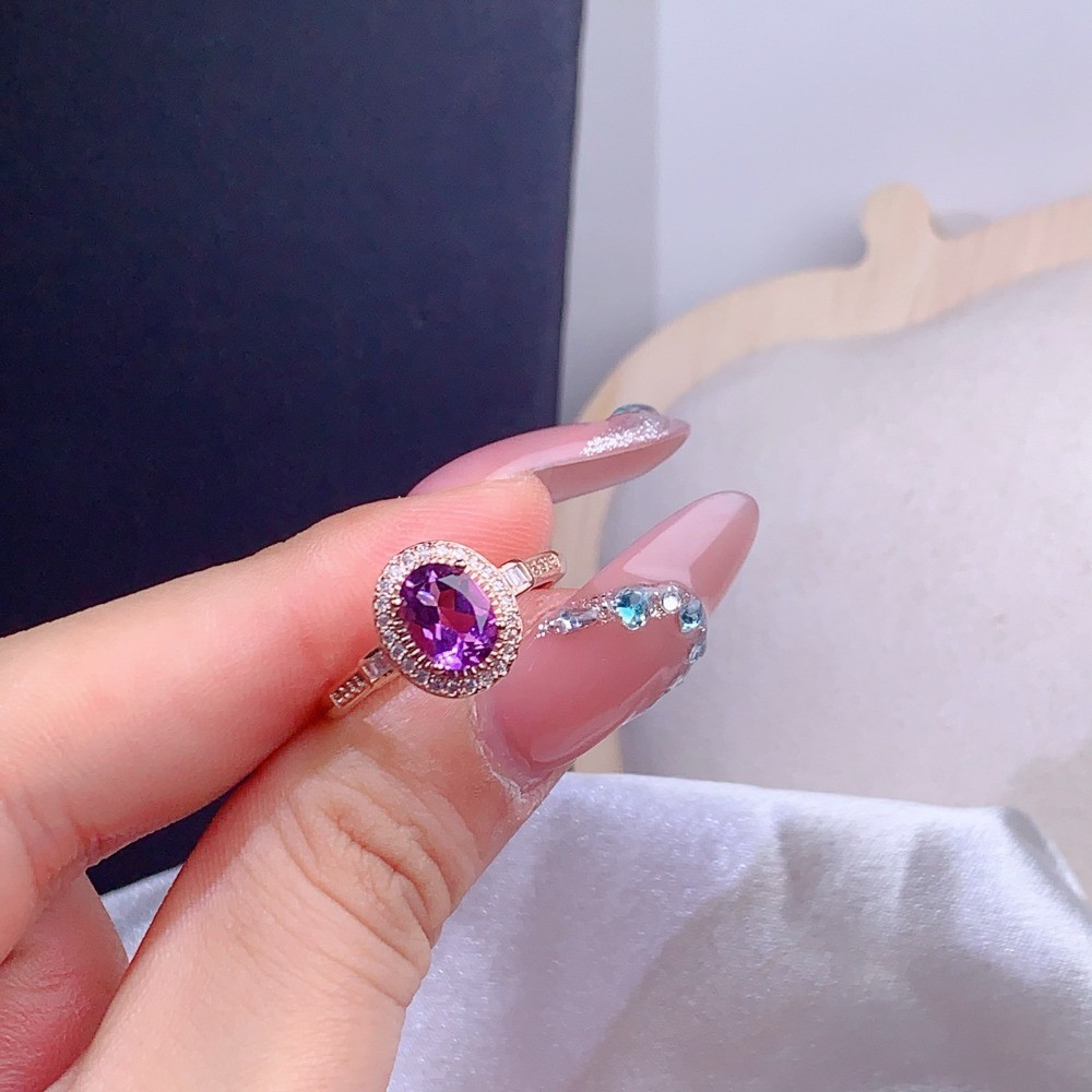 Natural Amethyst Open Adjustable Ring Gemstone S925 Silver Plated 18K Gold Gift