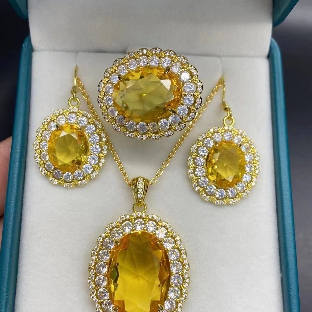 Yellow Crystal Stone Pendant Necklace Inlaid Three-piece Women’s Jewelry Retro