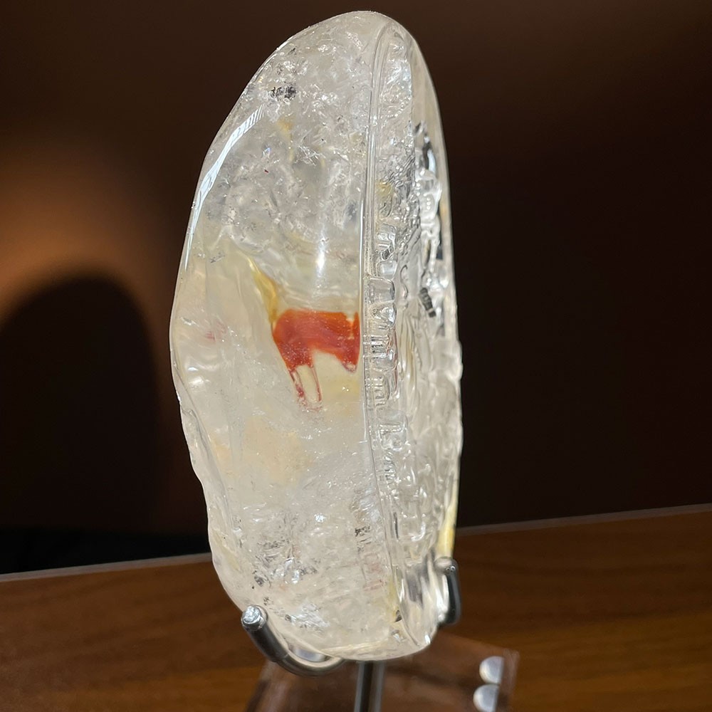 Clear Quartz Guan Yin Carving with Natural Red Fire Quartz & Rainbows Buddha