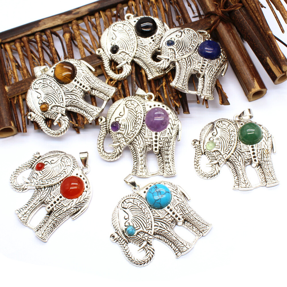 Natural Gemstone Crystal Flat Elephant Chakra Pendant Charms Reiki Healing Gift