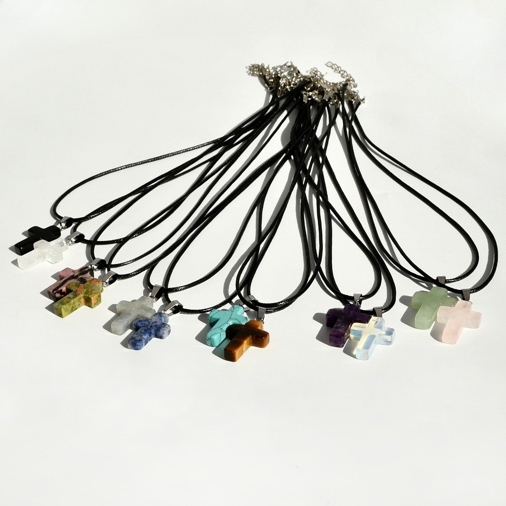 Fashion Crystal Cross Pendant Necklace Mixed Charms on Leather Rope Jewelry