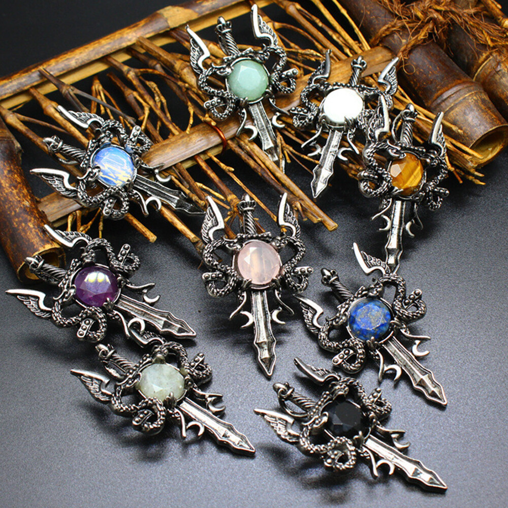 Sword Wing Double Dragon Necklace Crystal Pendant & Chain Amulet Gifts Viking