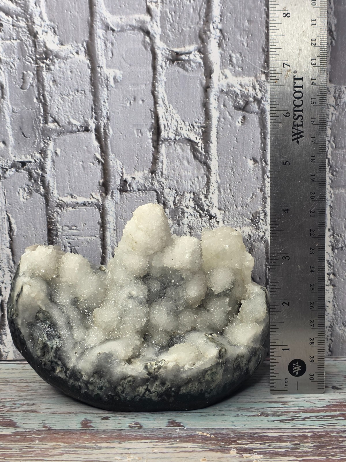 Large White Druzy Quartz Calcite Crystal Bowl UV Reactive Display Specimen 1.21k