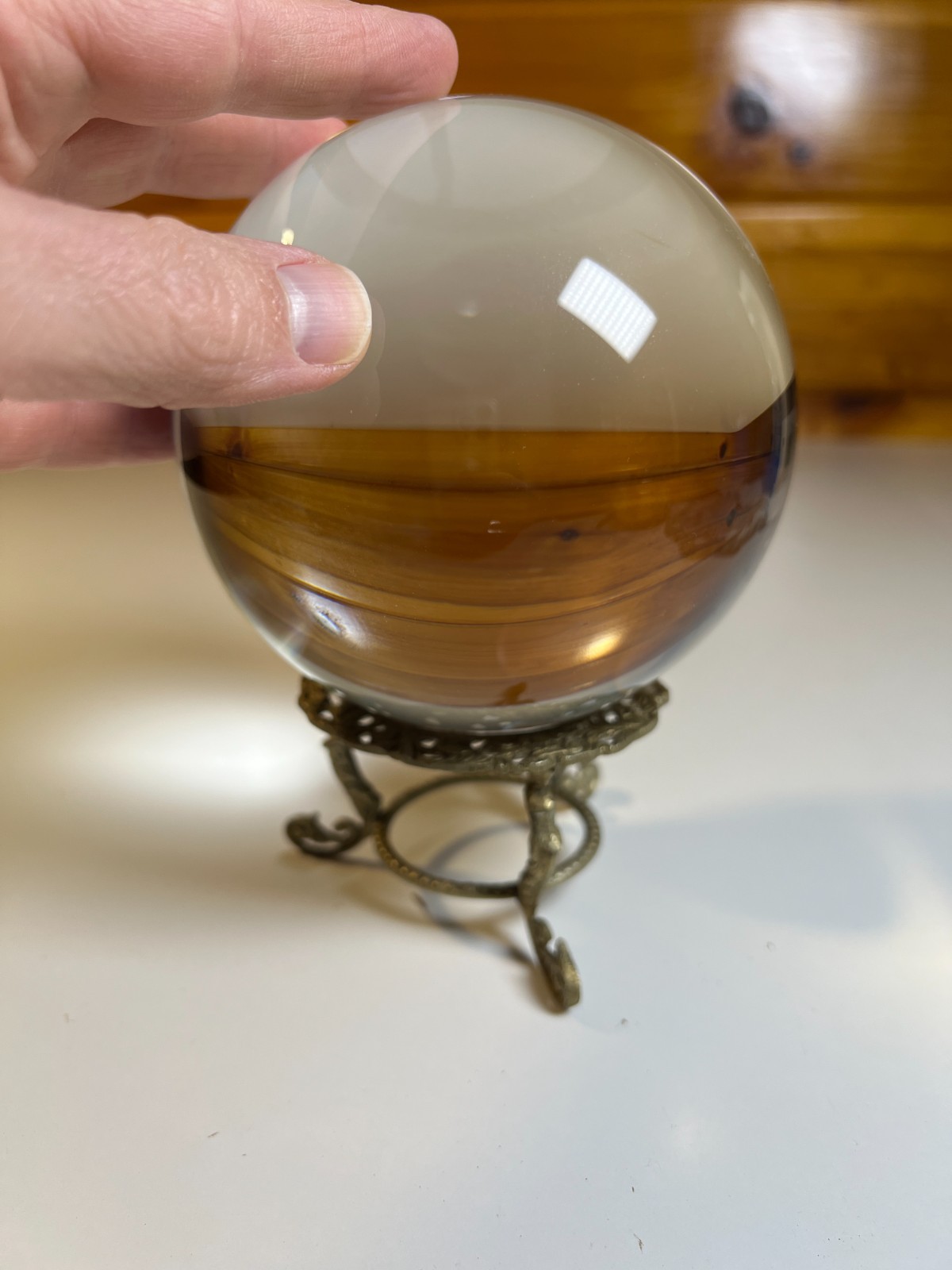 Antique Rococo Crystal Ball Ornate Brass Stand 4.75″ c 1890–1910