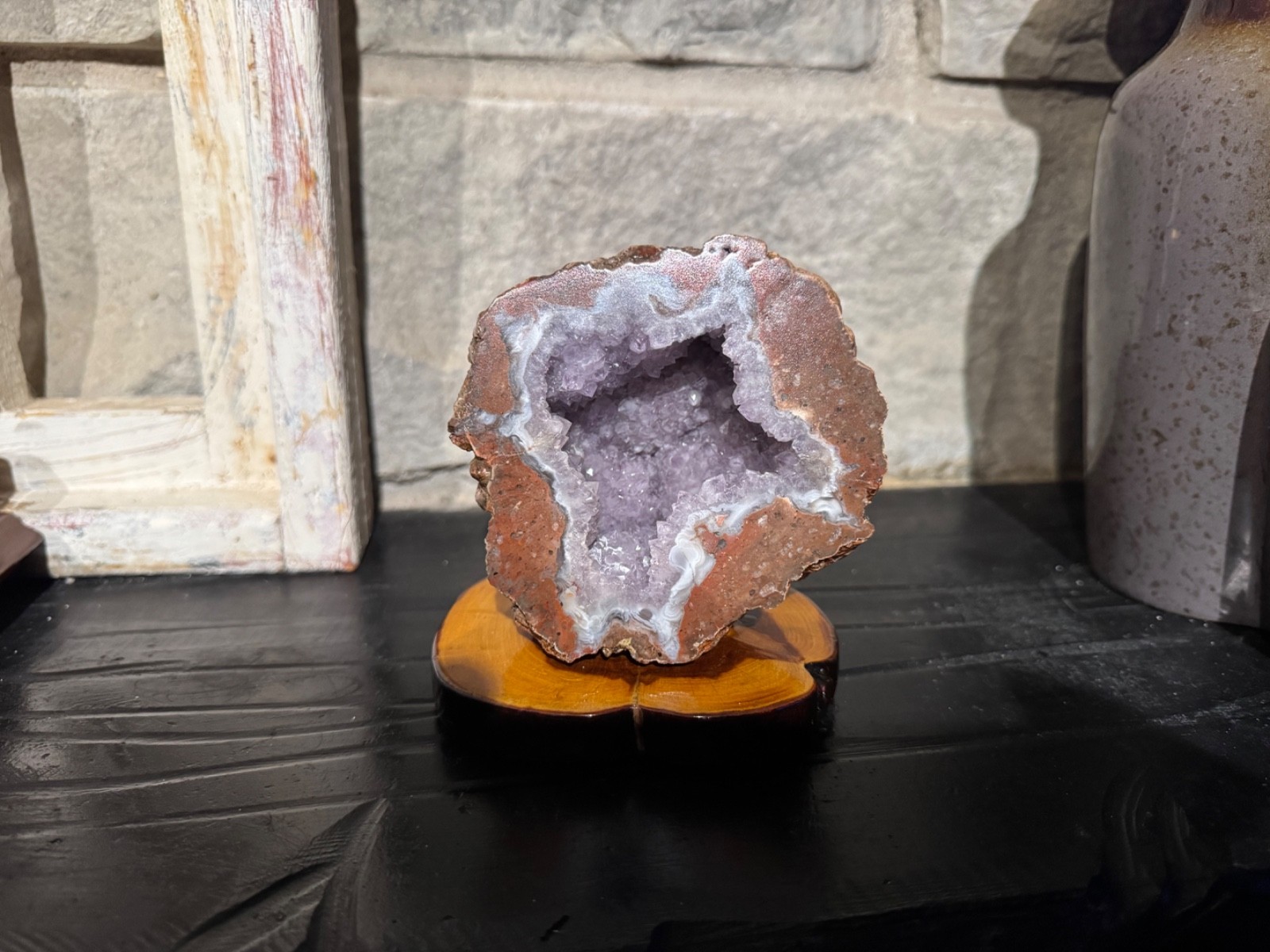 Authentic Natural Amethyst Geode on Handmade Hardwood Presentation Base