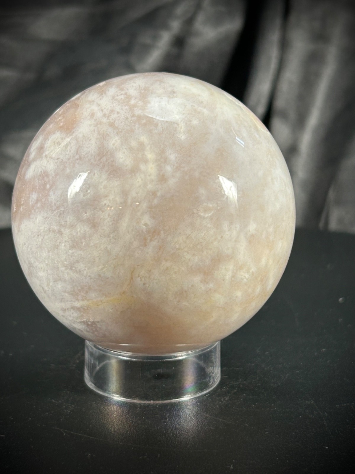 2.5″ Pink Amethyst & Flower Agate Sphere With Acrylic Stand 12.6oz (357 Grams)