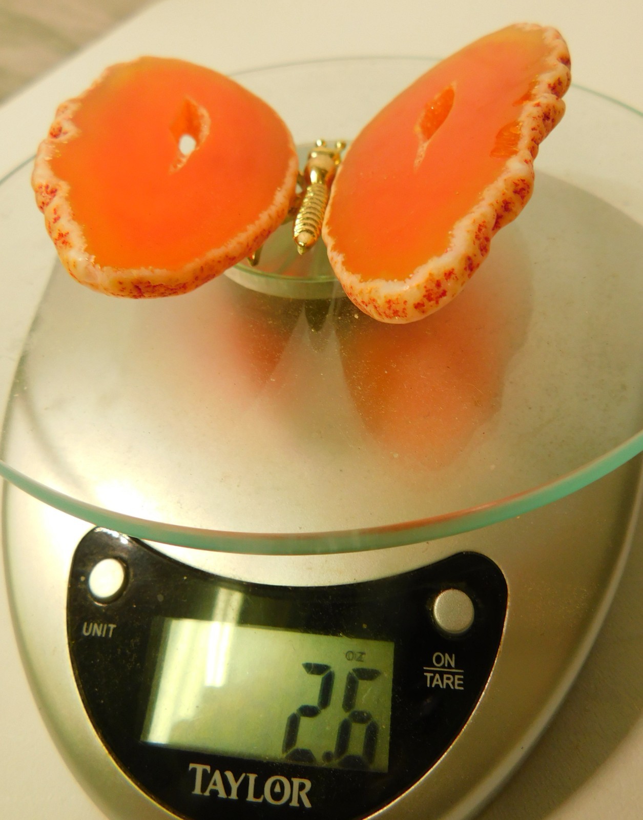 ORANGE DYED AGATE CRYSTAL BUTTERFLY WITH METAL ALLOY BODY