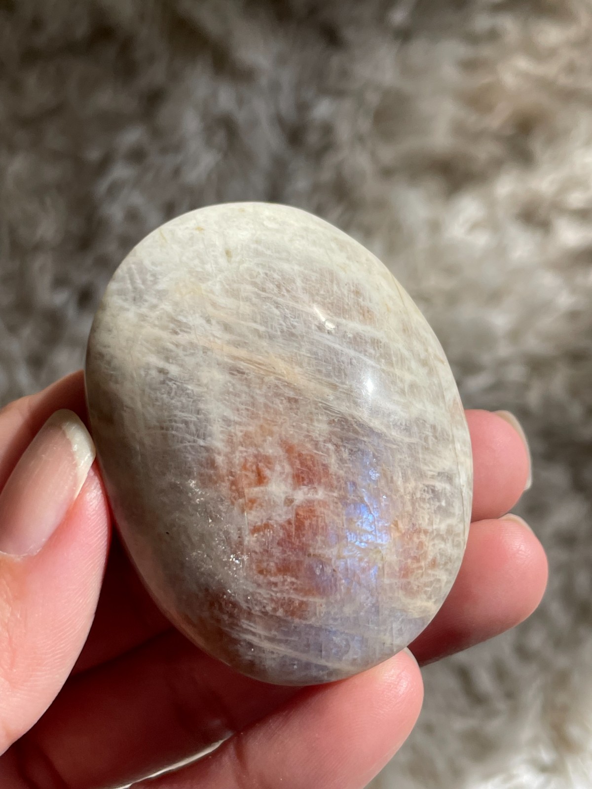 Rainbow Moonstone with Sunstone Palmstone, Medium – Light Flashes (MT)