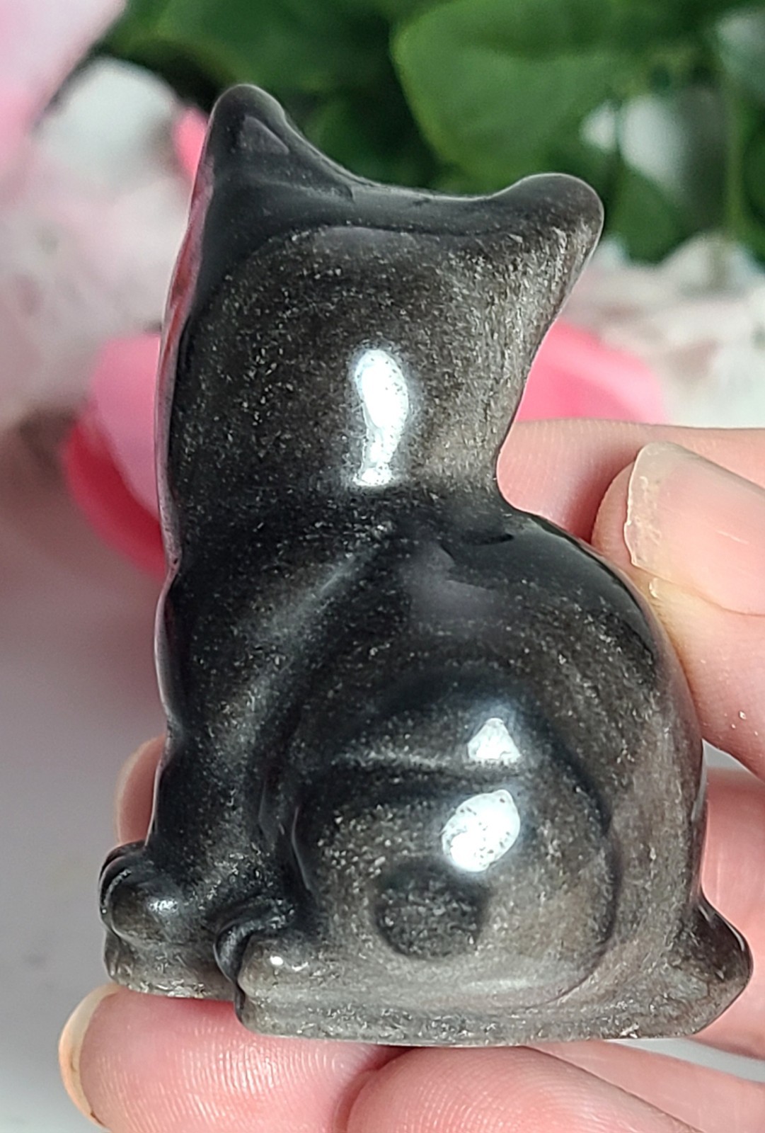 2″ 53g Adorable Silver Sheen Obsidian Sitting Cat Crystal Stone Carving Statue