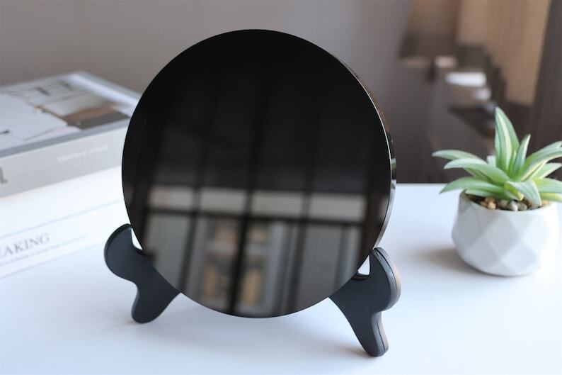 Natural Obsidian Mirror Obsidian Wafer Crystal Disk Reiki Heal + Free Stand