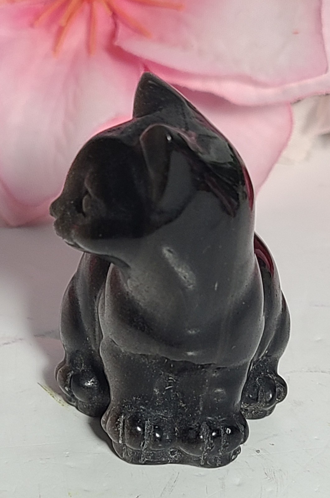 2″ 53g Adorable Silver Sheen Obsidian Sitting Cat Crystal Stone Carving Statue