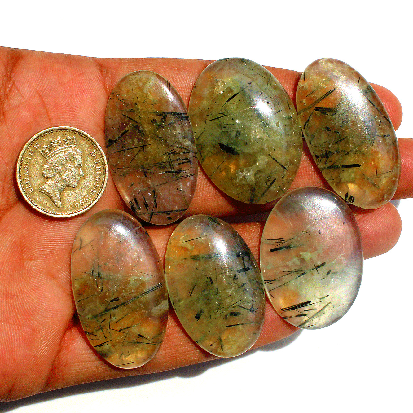 6 Pcs Natural Tourmaline Rutile In Prehnite Small Crystal Palmstones Specimen
