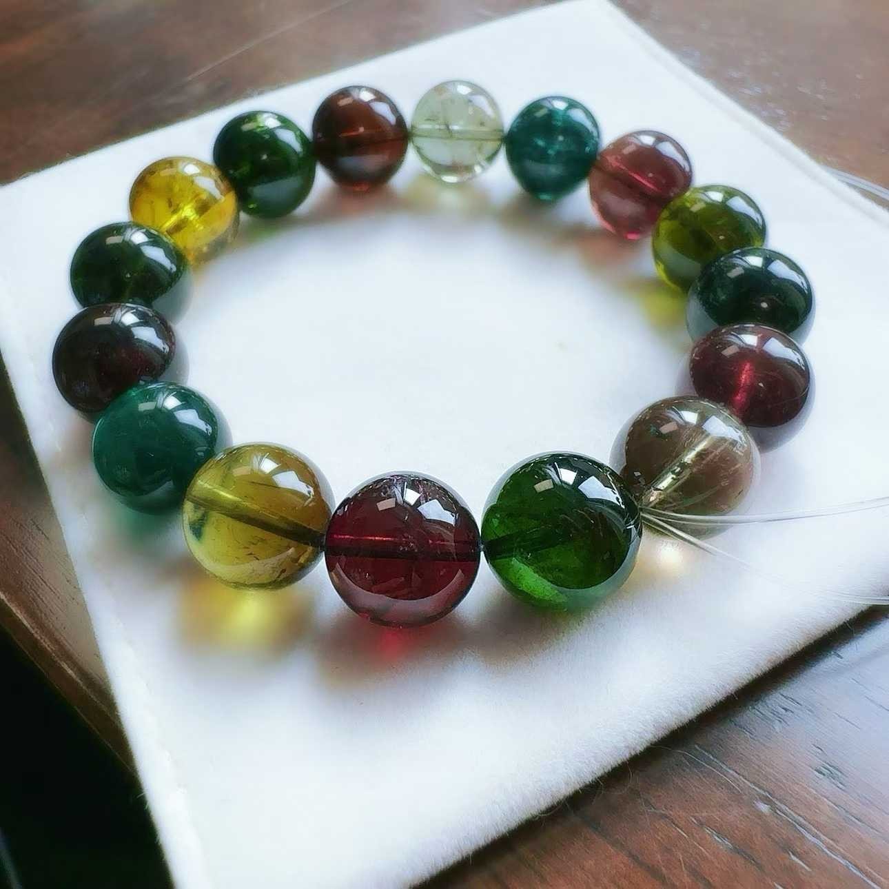 12mm Natural rainbow tourmaline quartz Beaded Bracelet Gemstone Stretch Bracelet